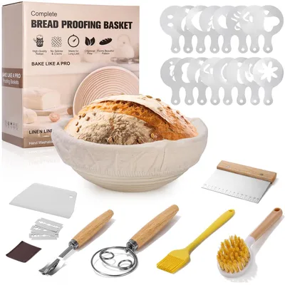 Immagine prodotto di Set per lievitazione del pane, composto da un cestello per la lievitazione di 23 cm, 25 pezzi, cestello rotondo, accessori per la panificazione, per la cucina