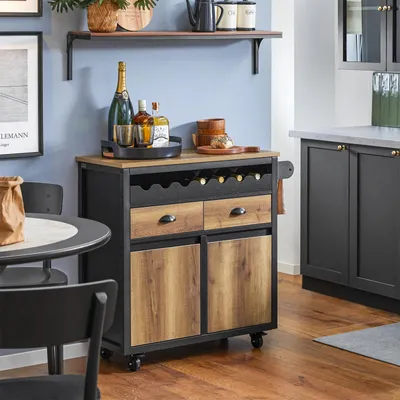 Image de SoBuy Îlot de cuisine Mobile avec roulettes Bois clair et noir Scandinave FKW122-SCH