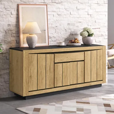 Produktbild von okwish Sideboard mit 4 Türen und 1 Schublade,grifflose Kommode,Aufbewahrungsschrank mit oberem Ablagefach,Buffetschrank,Holzfarbe+Schwarz