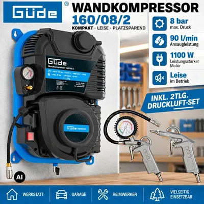 Produktbild von Güde Wandkompressor 160/08/2 ST 1100 W/230 V, Automatikschlauchtrommel, 9 m + 2er Set