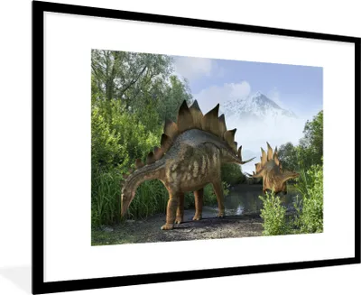 Produktbild von MuchoWow® Gerahmtes Poster Dinosaurier - Berg - Wald - Illustration - Jungen - Kinder - Kleiner Junge 90x60 cm - Poster mit Schwarzem Bilderrahmen Wandposter Rahmen Foto Bilder - Wanddekoration - Fotos