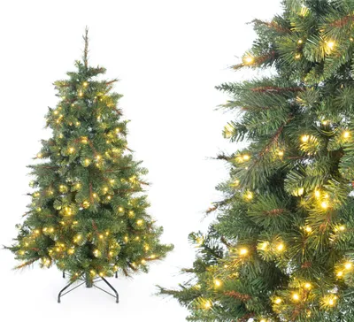 A green artificial Christmas tree with yellow LED lights, shown from two angles against a white background.