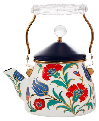 Image de Théière en émail Serenk Premium 2,1 L – décorée, couvercle bleu foncé, pommeau en cristal, poignée dorée, compatible avec l'induction