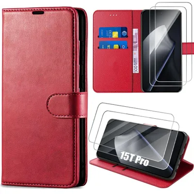 Image de Coque + 2 Verres Trempés pour Xiaomi 15T Pro, Protection Anti-Rayures Antichoc Synthécuir - Rouge