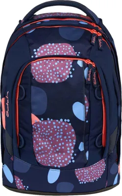 A navy blue backpack with a colorful polka dot pattern.