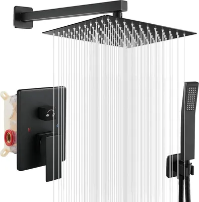 Produktbild von Duscharmatur Schwarz Set Duschkopf Eckig, Duscharmaturen Komplettset Unterputz mit Handbrause aus Edelstahl, Dusche Duschsystem Regendusche  Armatur