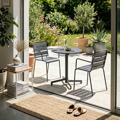 Image de Ensemble table de jardin et 2 fauteuils en métal gris anthracite - Oviala Palavas