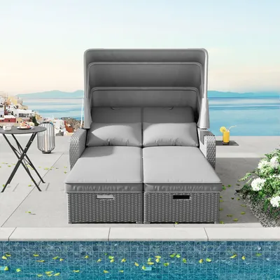 Produktbild von Merax Polyrattan Gartenmöbel Set mit Sonnendach und Gartenliege, Strandkorb verstellbar, Gartensofa Gartenlounge mit Kissen, Loungeset für 2 Personen