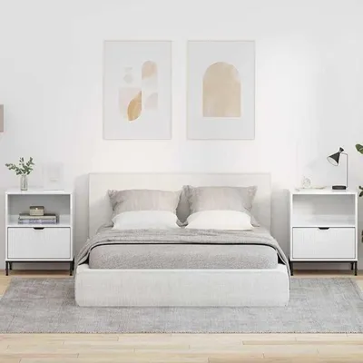 Imagen del producto de Conjunto de dos mesitas de noche de alto brillo, color blanco, fabricadas en material de madera, con 2 cajones y estantes. Dimensiones: 49 x 36 x 61 cm. Mesitas auxiliares con espacio de almacenamiento, ideales para dormitorios, salones o habitaciones infantiles