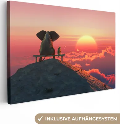 Produktbild von MuchoWow® - Leinwandbilder - Hund - Elefant - Berg, Wandbild, Wanddeko Bilder Wohnzimmer, 120x80 cm