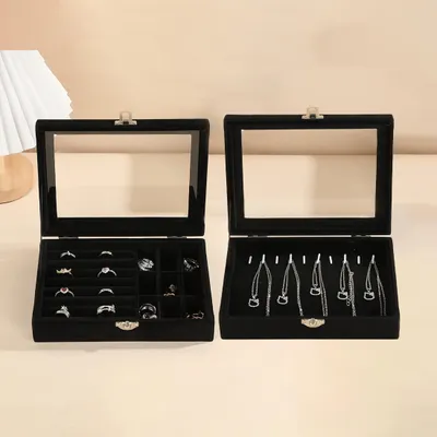 Produktbild von Schmuckkasten, 2er Set-Schmuckschatulle, mit Glasdeckel, herausnehmbaren Trennwände, Schmuckkästchen mit Sichtfenster, Schmuckbox für Ketten Ohrringe