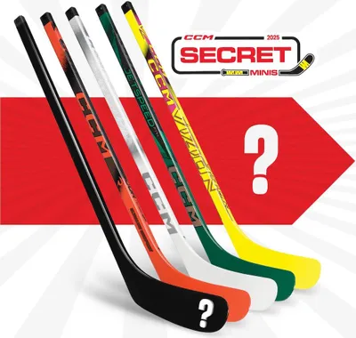 A collection of CCM hockey sticks with different colors and designs, presented in a promotional image with text and a question mark.