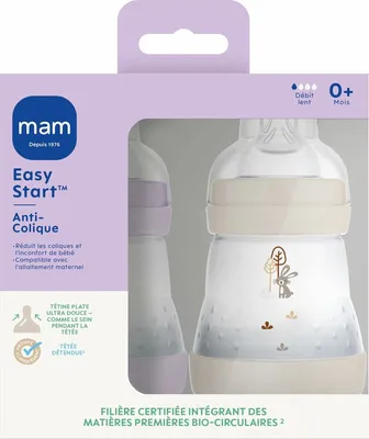 The image shows the packaging of a MAM Easy Start Anti-Colic baby bottle.
