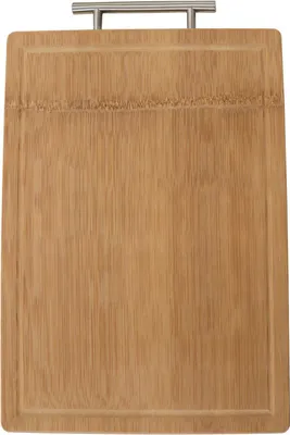 A top-down view of a bamboo cutting board with a metal handle.