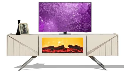 Obrázok produktu pre Biely drevený TV stolík s krbom a elegantnými kovovými nožičkami