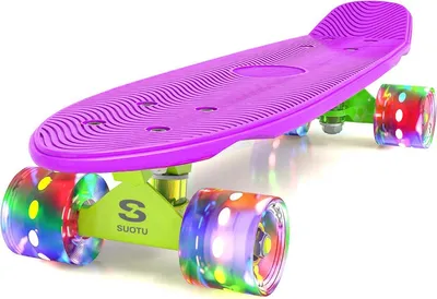 Image de Suotu Mini-skateboard LED pour enfants, avec roues LED (piles non requises), roulements ABEC-7, plateau en plastique, 55,9 × 15,2 cm, violet