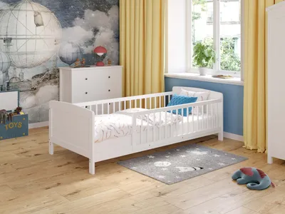 Produktbild von Modernes Juniorbett - 160x80 cm, weißes Bett, Kinderbettgestell, gemütliches Kinderbett, bodennahes Bett im Stil für Mädchen oder Jungen.