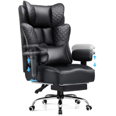 Obrázek produktu pro Herní židle GTPLAYER, ergonomická kancelářská židle s podnožkou, s nastavitelnou opěradlem (150°) a podloketníky, počítačová židle, křeslo pro manažery, nosnost 180 kg, černá barva