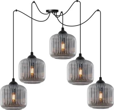 Immagine prodotto di Lampada a sospensione RIFFLE a ragno, nera, a 5 luci, cilindro in vetro grigio, E27