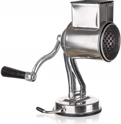 A stainless steel rotary grater with a black handle and a suction cup base, shown against a white background.