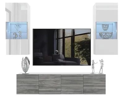 Produktbild von BELINI Wohnwand MILANO 7 Wohnzimmer 200 cm - Weiß Hochglanz/Grau Matt, Moderne Schrankwand Set, Anbauwand TV-Schrank Griffloses System