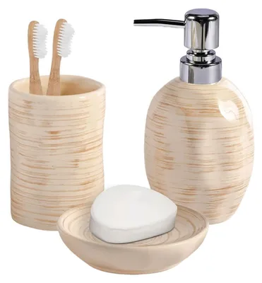 Immagine prodotto di Set da bagno in tre pezzi, Vetroceramica, aspetto marmo, color beige