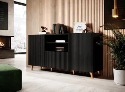 Produktbild von Komoda PAFOS 150 cm BLACK MATT zlaté nohy s frézovanými čelami MDF 2 dvierka, 1 zásuvka Príborník Skrinka s vysokou doskou otvorené police Bufet