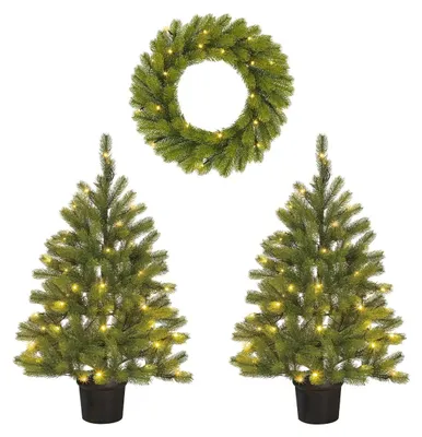 Produktbild von Black Box Trees Nagoya Weihnachtsbaum und Weihnachtskranz-Set – 2 Künstliche Weihnachtsbäume und 1 Kranz mit LED-Beleuchtung – H90 x Ø45 cm - Grün