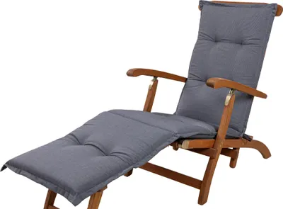 A deckchair cushion on a wooden deckchair.