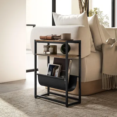 Produktbild von Beistelltisch im Industrie-Stil mit Ablage und Zeitungshalter, 43x18x56 cm, Braun