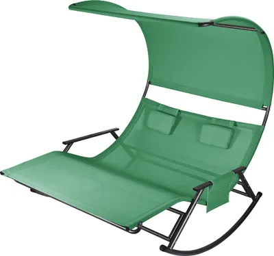 Image de Aopunly Chaise longue double Chaise longue double Lit de jardin Chaise longue relax Capacité de charge Chaise longue avec pare-soleil et oreiller Garden Acier pour camping Vert