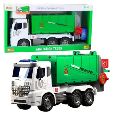 Immagine prodotto di Grande camion dei rifiuti Funzione di sollevamento 2 cassonetti Luci Suoni Verde 1:10