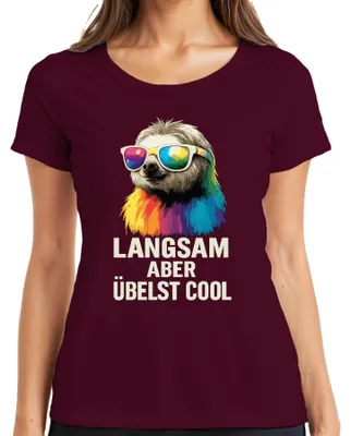 Produktbild von Langsam aber übelst cool Faultier Sonnenbrille Regenbogen Retro Damen T-Shirt, Burgundy, S