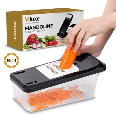 Obrázek produktu pro Viluxe® Multifunkční kráječ na zeleninu - mandolína 8v1 - kráječ na cibuli - spirálový kráječ - kráječ na hranolky - struhadlo - protiskluzový povrch