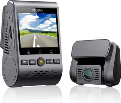 A VIOFO dashcam and its separate camera unit are displayed against a white background.