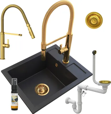 Produktbild von Granitan | Granitspüle - BEST - 1-Becken - mit goldfarbener Armatur - mit Siphon - Einbauspüle - Schwarz - 50 x 40 cm - für Schränke ab 40 cm