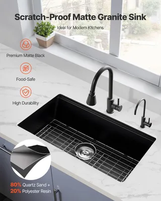 Produktbild von Küchenspüle Granitspülen (762 x 457 x 230 mm) zur Aufputzmontage, Einbauspüle im Landhausstil mit Zubehörteilen, Haushaltsspülbecken für Wohnmobile, Vorbereitungsküchen, Bars, schwarz