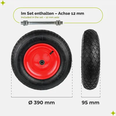 Image de Roue de rechange GARRONDA pour brouette 4.80/4.00-8 Roue de brouette Ø 390 mm Pneu à air 2PR Pneu jusqu'à 100 kg avec axe Jante en acier Roulement à billes pour brouette de jardin, de cour ou de chantier GD-0163, noir-rouge