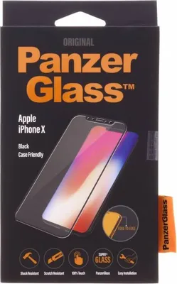 The image shows the retail packaging for a PanzerGlass screen protector for an Apple iPhone X/Xs.