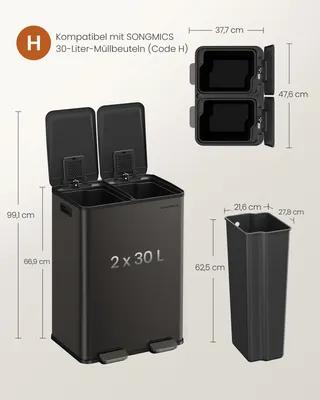 A diagram showing a black kitchen trash can with dimensions and compatibility information.