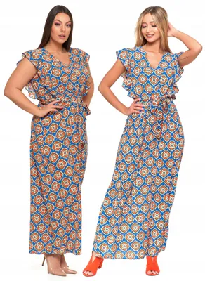 Produktbild von maxikleid - damenkleid Größe L - sommerkleid bunt - v ausschnitt kleid - schmetterlingsärmel kleid