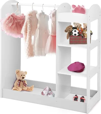 Produktbild von GOPLUS Kindergarderobe mit Spiegel, Kleiderständer mit 4 offenen Regalen & Kleiderstange, Garderobe aus Holz für Kinderzimmer, Schlafzimmer, Kindergarten, 93,5 x 38 x 100 cm (Weiß)