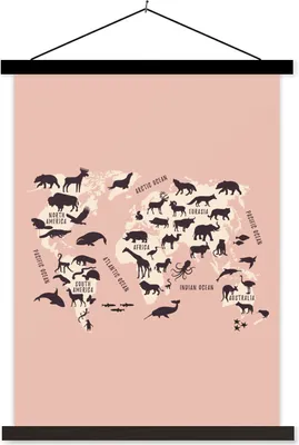 Produktbild von MuchoWow® Textilposter Weltkarte - Tiere - Rosa 90x120 cm mit schwarzem Rahmen - Dekoration