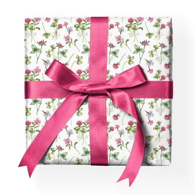 Produktbild von Aquarell Glücks Geschenkpapier Blumenmit blühendem Klee, weiß - G23064, 32 x 48cm