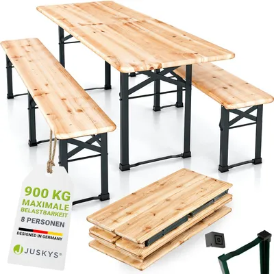Produktbild von Juskys Bierzeltgarnitur 3-teilig Biertischgarnitur mittig klappbar 220 cm - Gartenmöbel Set aus Tannenholz Biertisch Bierbänke Festzeltgarnitur Natur
