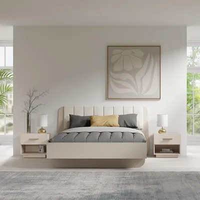 Produktbild von Schlafzimmer-Set mit 160x200 cm Bett, modern in Beige, 3-teilig - LOUSADA-166