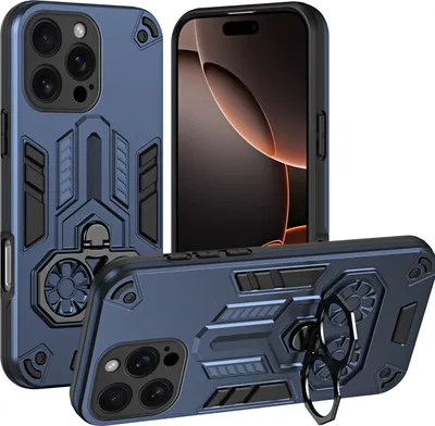 Immagine prodotto di Custodia per iPhone 15 Pro Max, custodia in PC+TPU a doppio strato, cover antiurto con anello in metallo e supporto Blu