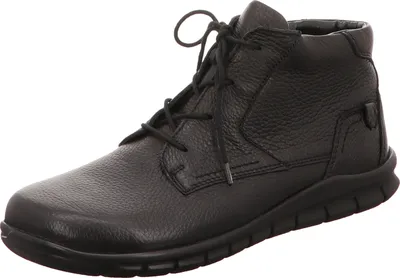 A single black leather boot is shown against a white background.