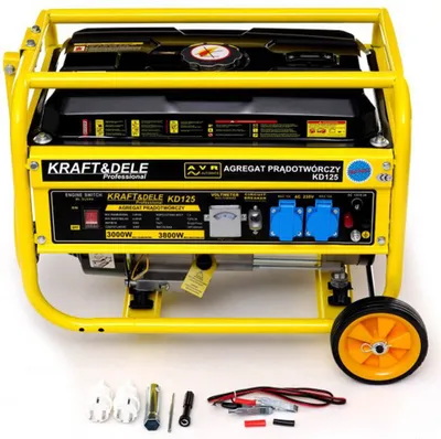 A yellow and black generator is shown on a white background with some accessories at the bottom.