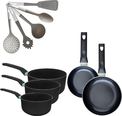 Image de Batterie de cuisine avec 2 poêles 16/20 cm et 3 casseroles 16/18/20 cm et 5 ustensiles de cuisine sans PFAS Fackelmann Brandao Vario